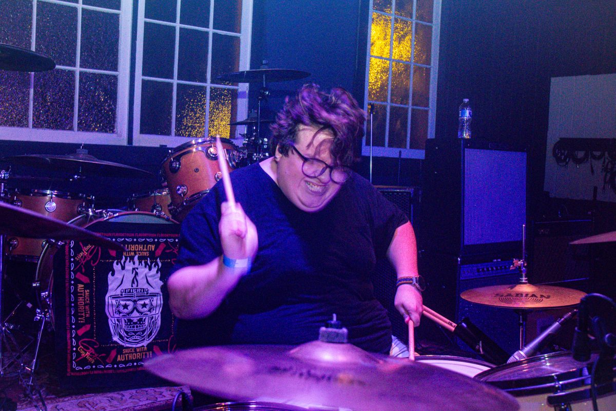 How High The Moon drummer Aidan Achee plays Wednesday, Feb. 12, 2025, at Mid City Ballroom in Baton Rouge, La.