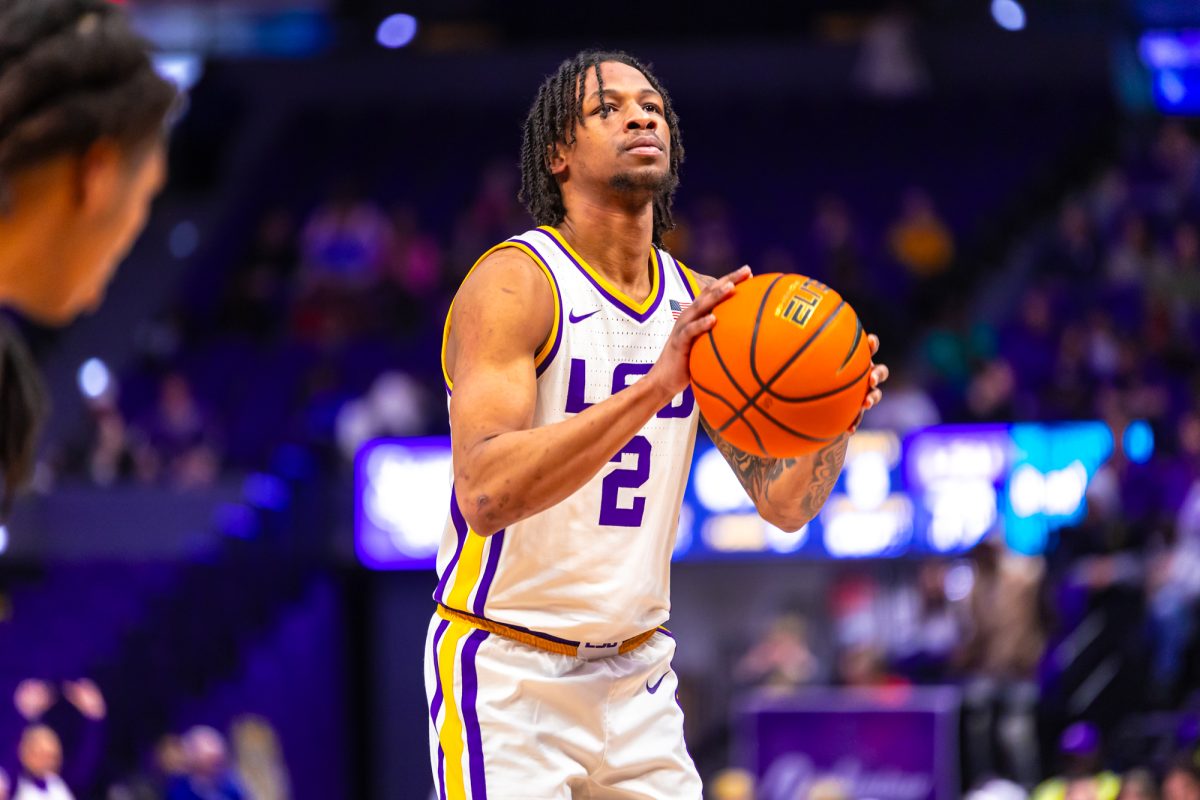 LSU men’s basketball sophomore guard Mike Williams III (2) prepares for his free throw during LSU's 81-67 win against South Carolina on Tuesday, Feb. 18, 2025, in the Pete Maravich Assembly Center in Baton Rouge, La.