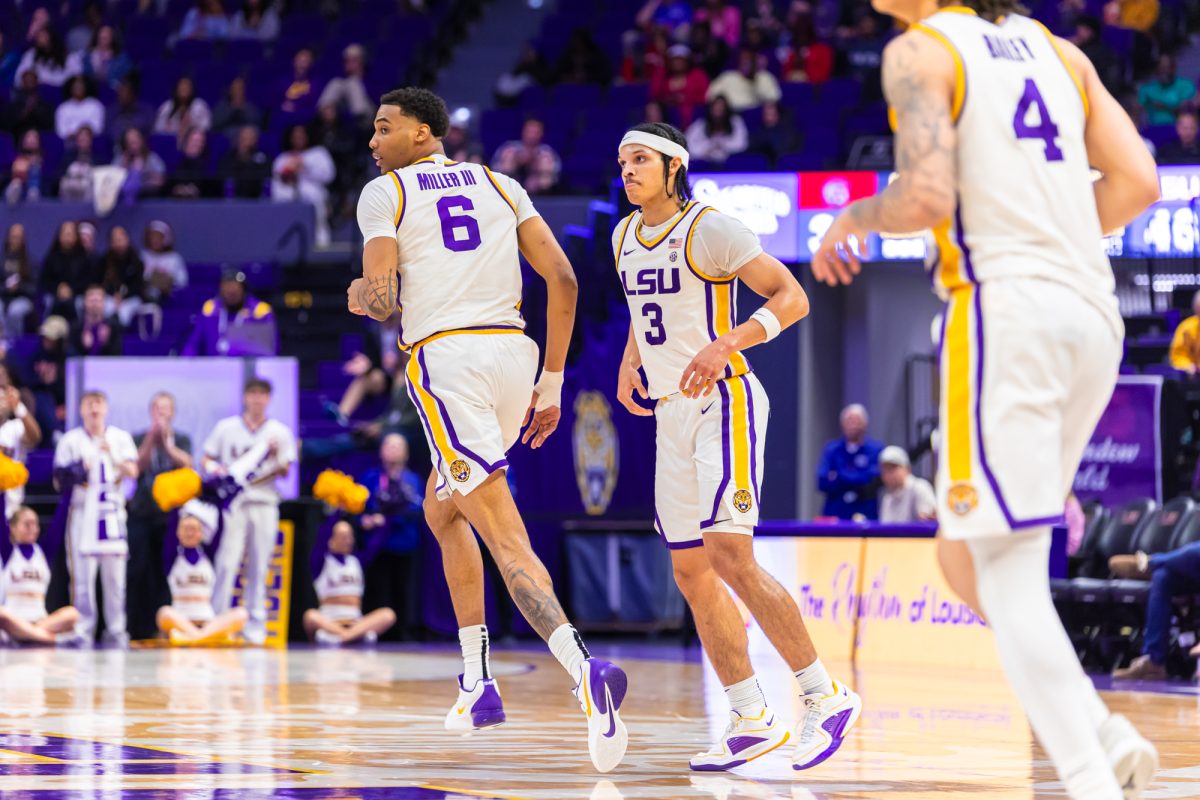 LSU men’s basketball freshman guard Curtis Givens III (3) and LSU men’s basketball freshman forward Robert Miller III (6) make their way down the court during LSU's 81-67 win against South Carolina on Tuesday, Feb. 18, 2025, in the Pete Maravich Assembly Center in Baton Rouge, La.