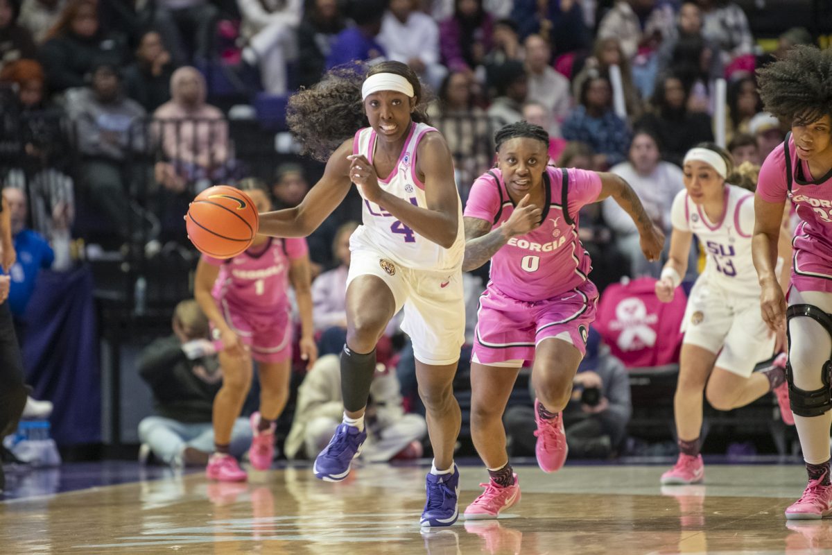 LSU women's basketball junior guard Flau'Jae Johnson (4) runs with the ball Thursday, Feb. 20, 2025, during their 79-63 win against Georgia at the Pete Maravich Assembly Center in Baton Rouge, La.