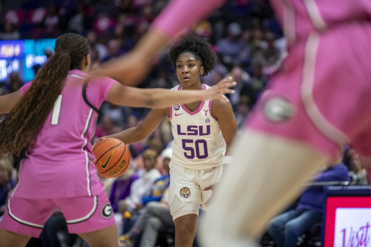 LSU women's basketball senior guard Shayeann Day-Wilson (50) looks to pass Thursday, Feb. 20, 2025, during their 79-63 win against Georgia at the Pete Maravich Assembly Center in Baton Rouge, La.