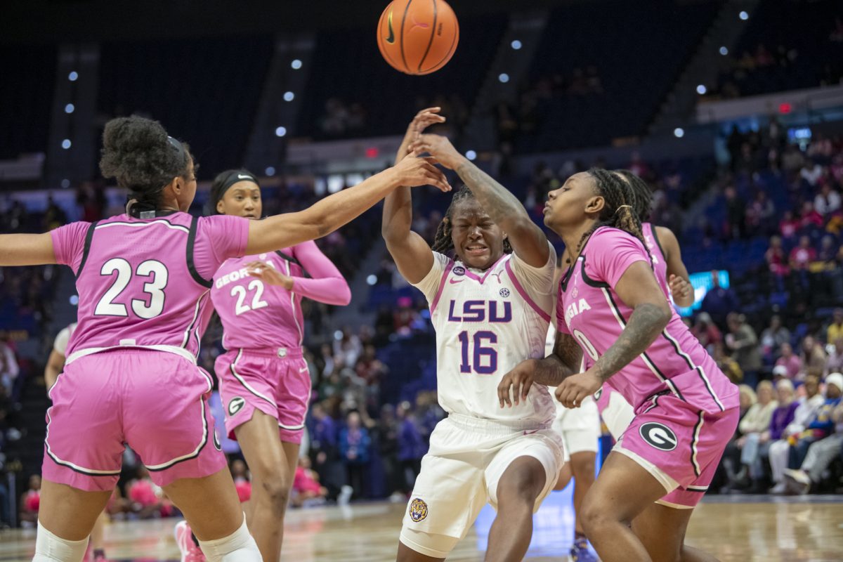 LSU women's basketball junior guard Kailyn Gilbert (16) gets the ball slapped out of her hands Thursday, Feb. 20, 2025, during their 79-63 win against Georgia at the Pete Maravich Assembly Center in Baton Rouge, La.