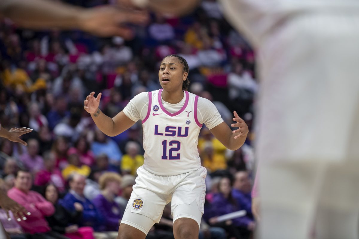 LSU women's basketball sophomore guard Mikaylah Williams (12) calls for the ball Thursday, Feb. 20, 2025, during their 79-63 win against Georgia at the Pete Maravich Assembly Center in Baton Rouge, La.