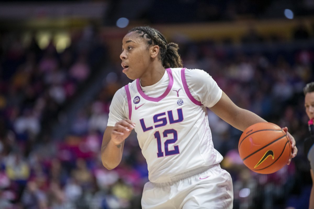 LSU women's basketball sophomore guard Mikaylah Williams (12) has the ball Thursday, Feb. 20, 2025, during their 79-63 win against Georgia at the Pete Maravich Assembly Center in Baton Rouge, La.