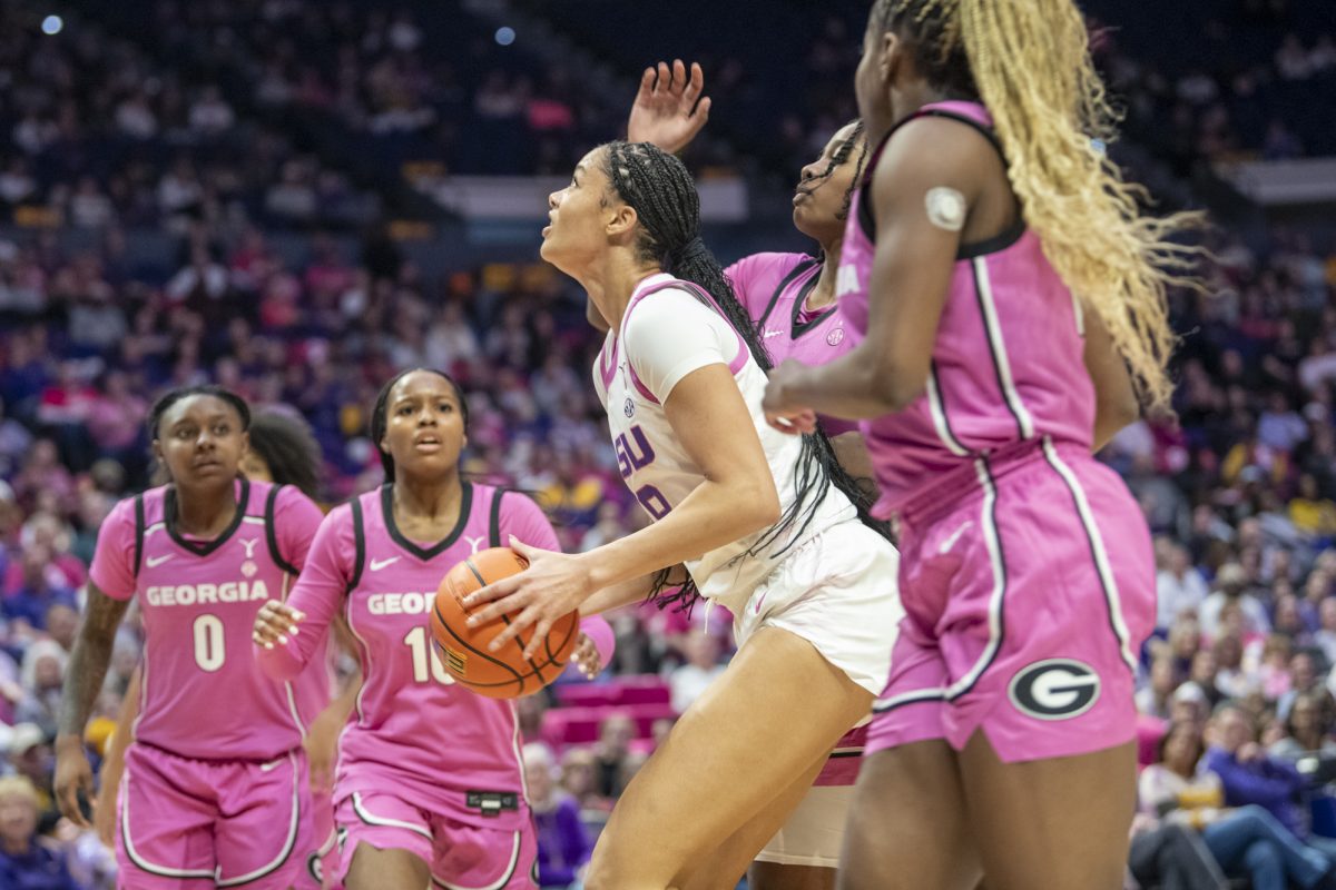 LSU women's basketball junior forward Jersey Wolfenbarger (8) prepares to shoot Thursday, Feb. 20, 2025, during their 79-63 win against Georgia at the Pete Maravich Assembly Center in Baton Rouge, La.