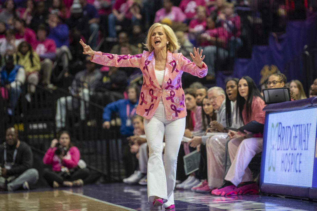 LSU women's basketball coach Kim Mulkey yells Thursday, Feb. 20, 2025, during LSU's 79-63 win against Georgia at the Pete Maravich Assembly Center in Baton Rouge, La.