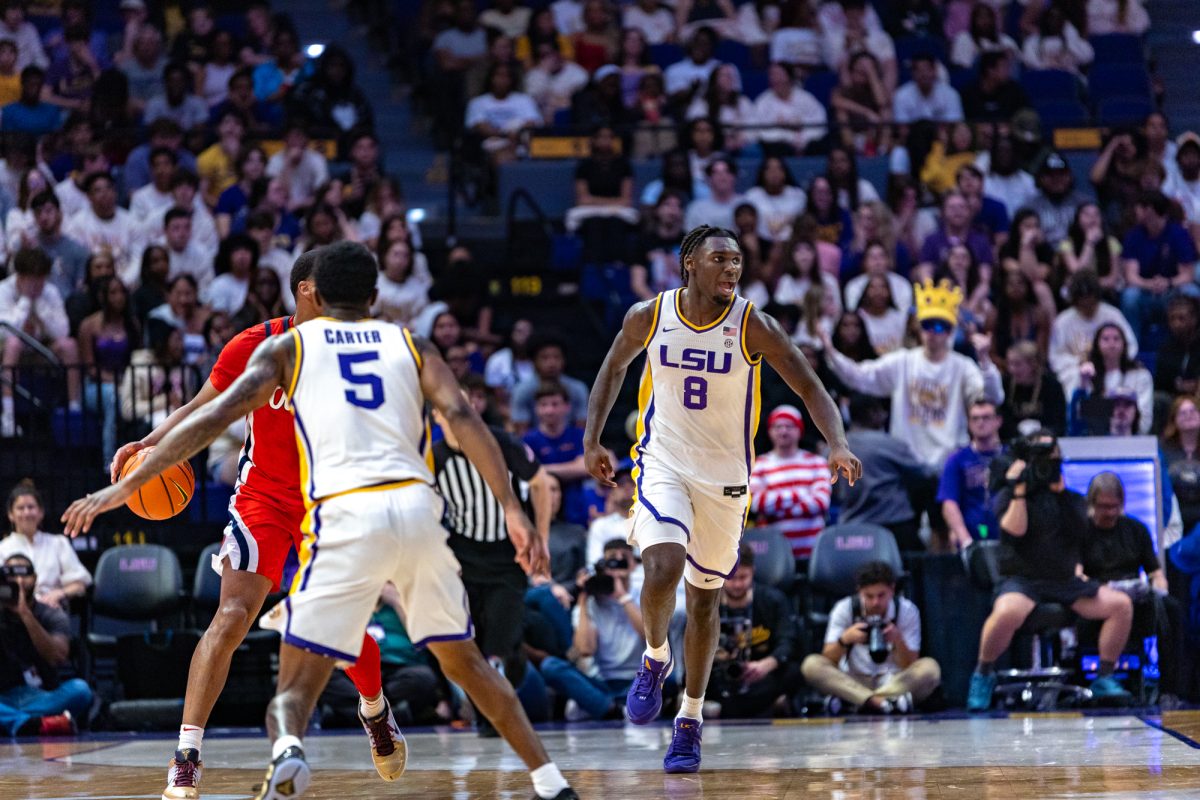 LSU men’s basketball freshman forward Trey’Dez Green (8) makes his way down the court during LSU's 70-72 loss against Ole Miss on Saturday, Feb. 9, 2025, in the Pete Maravich Assembly Center in Baton Rouge, La.