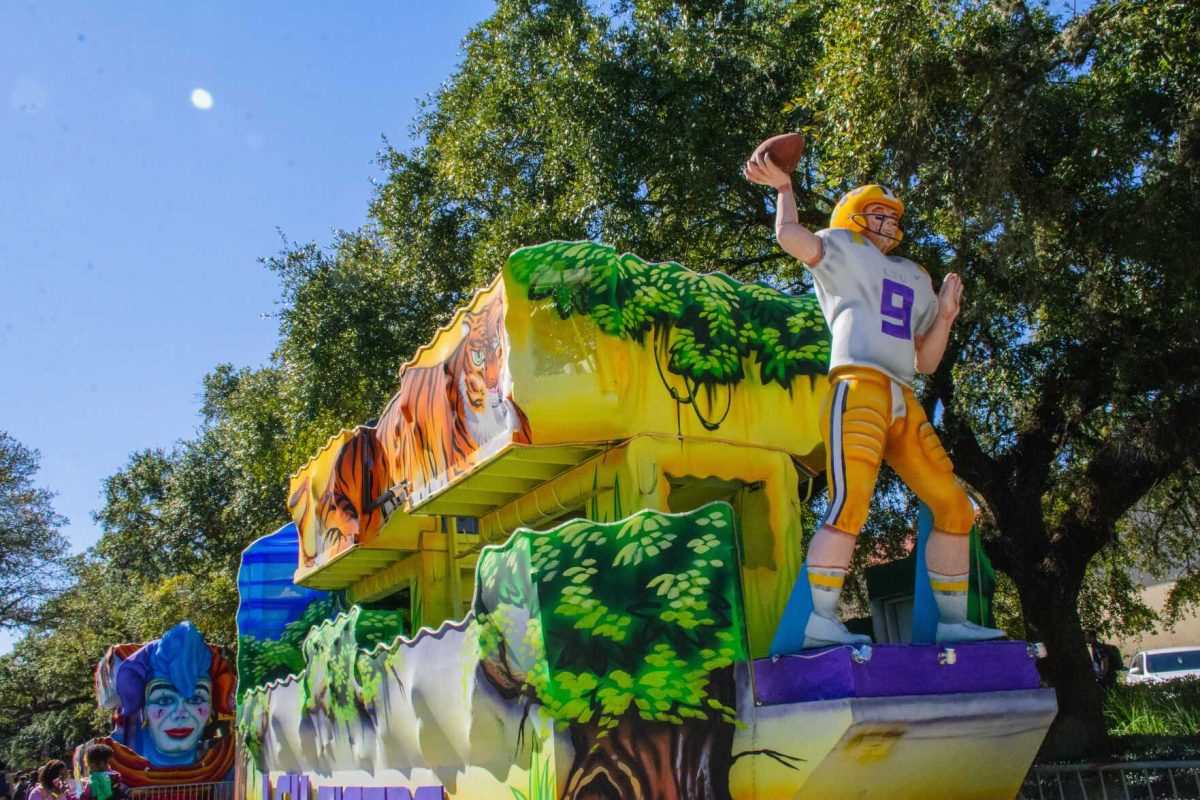 Mardi Gras floats sit Wednesday, Feb. 9, 2022 during the LSU Student Activities Board Mardi Gras Mambo event on Tower Drive at LSU's campus in Baton Rouge, La.