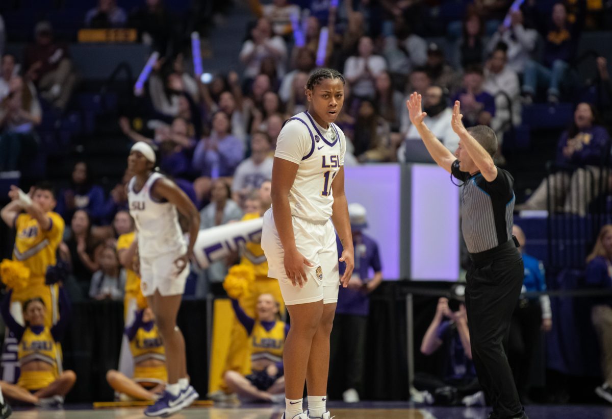 LSU women's basketball sophomore guard Mikaylah Williams (12) celebrates during LSU's 81-67 win against Mississippi State on Sunday, Feb. 2, 2025, in the Pete Maravich Assembly Center in Baton Rouge, La.