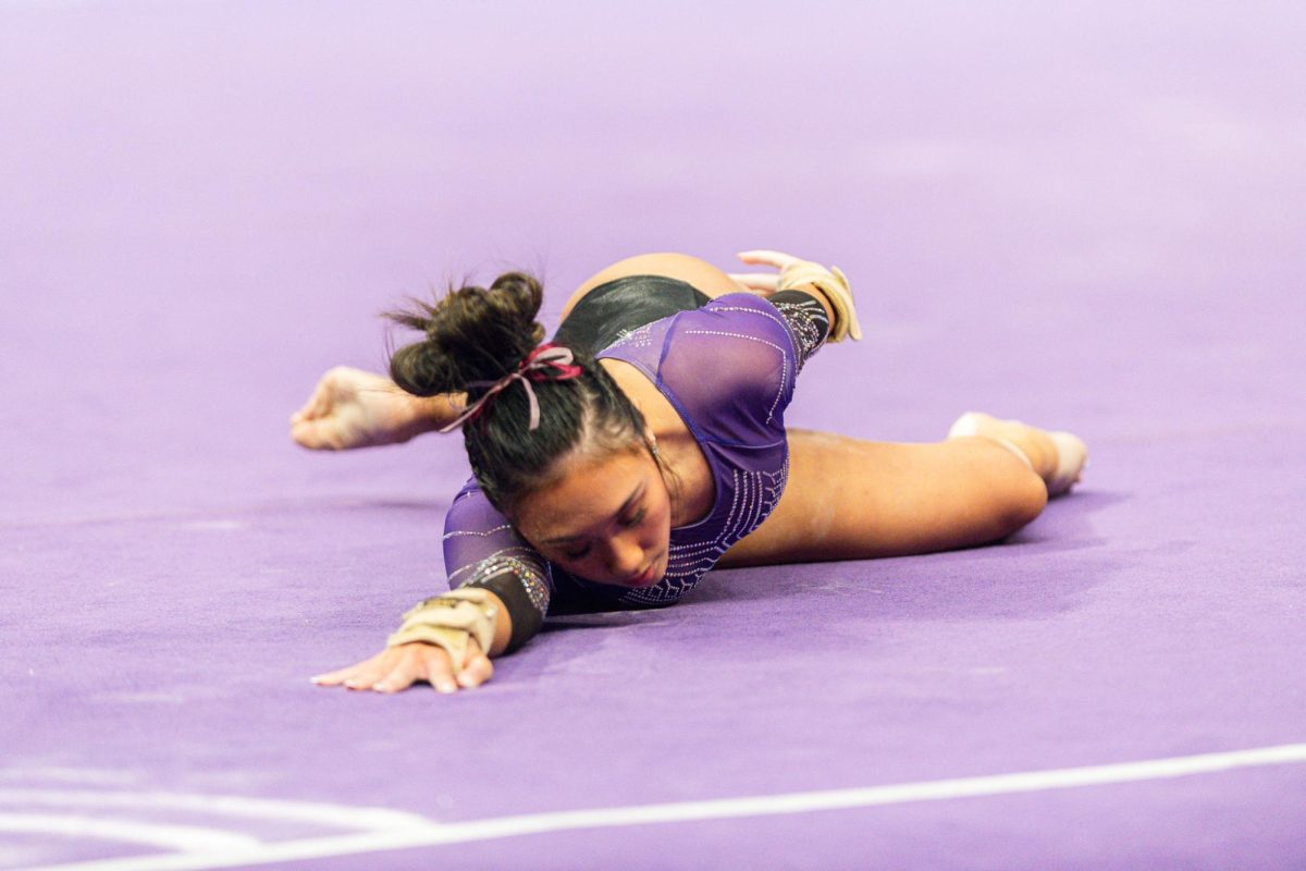 LSU gymnastics all-around freshman Kailin Chio finishes her floor routine during the LSU 198.000-197.175 win against Missouri on Friday, January 31, 2025, at the Pete Maravich Assembly Center in Baton Rouge, LA.