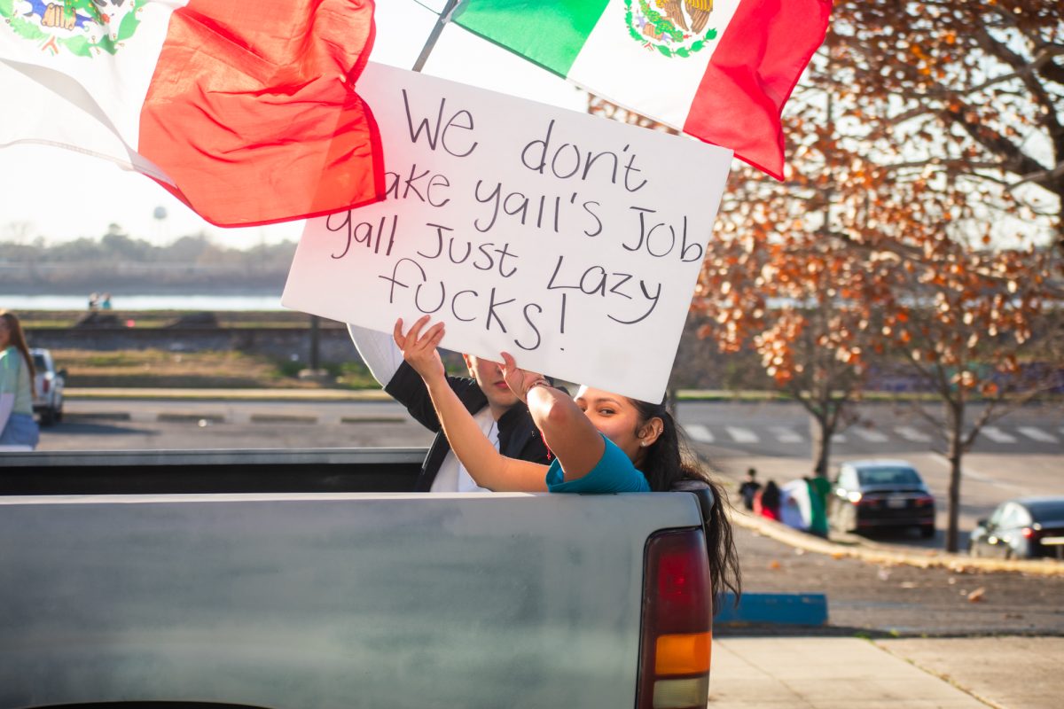 Protesters wave flags and signs in flags against mass deportation Sunday, Feb. 2, 2025, at Convention Street and River Road in downtown Baton Rouge, La. 