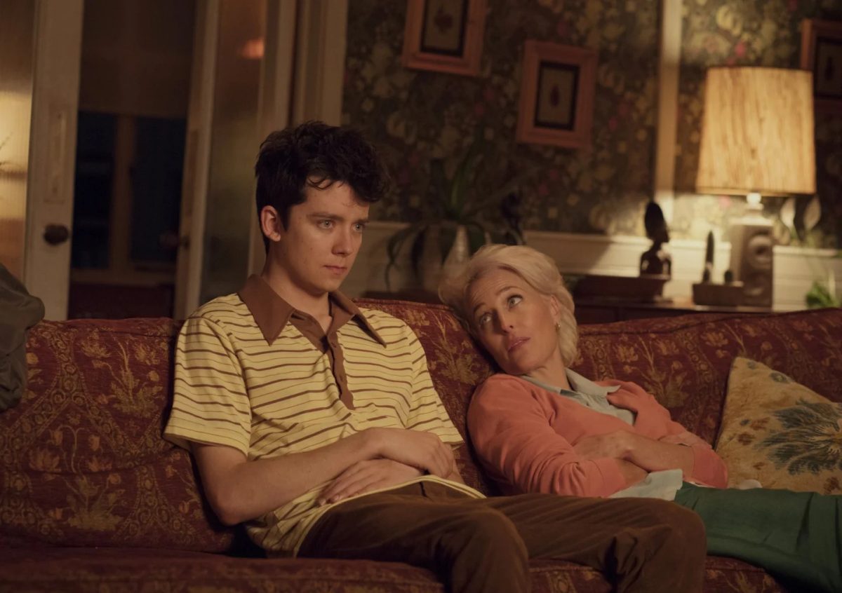 This image released by Netflix shows Asa Butterfield, left, and Gillian Anderson in a scene from "Sex Education."