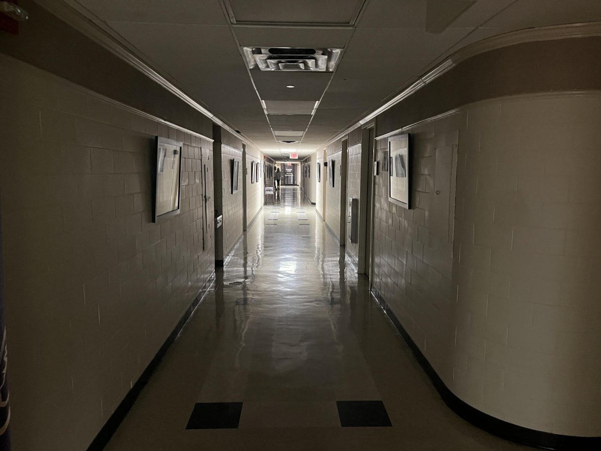 The basement of Hodges Hall sits in darkness after a power outage on Feb. 24, 2025, in Baton Rouge, La.