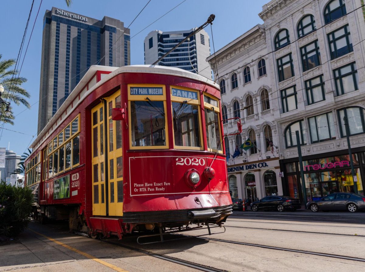 A streetcar travels along Canal Street in New Orleans, Tuesday, Oct. 1, 2024.