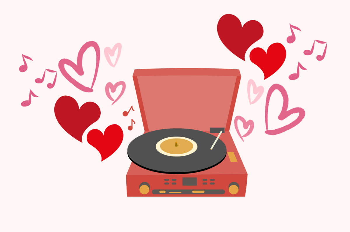 A record player with hearts and music notes.