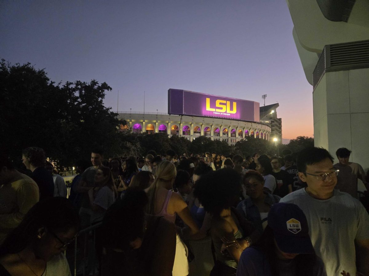 Tiger Stadium sits behind a crowd of students on Saturday, Feb. 8, 2025.