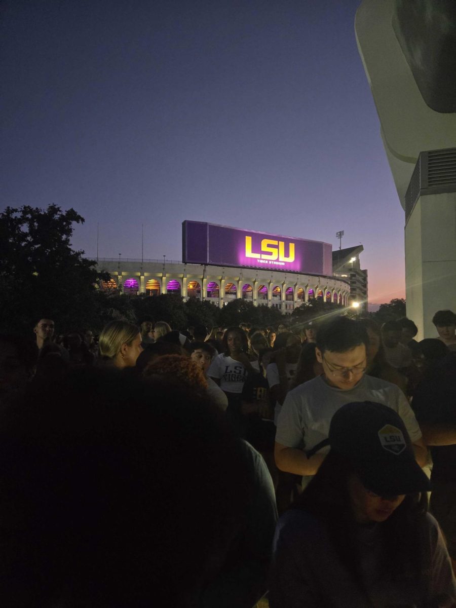 Tiger Stadium sits behind a crowd of students on Saturday, Feb. 8, 2025.