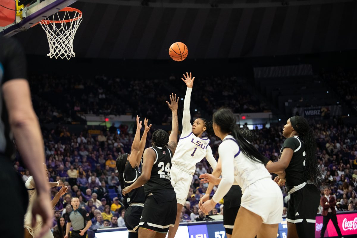 LSU women's basketball sophomore guard Mjracle Sheppard (1) shoots during LSU's 81-67 win against Mississippi State on Sunday, Feb. 2, 2025, in the Pete Maravich Assembly Center in Baton Rouge, La.