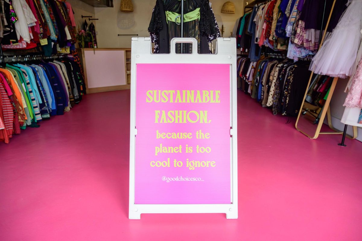 A sustainable fashion sign sits at the entrance of Good Choice Co. in Baton Rouge, La.