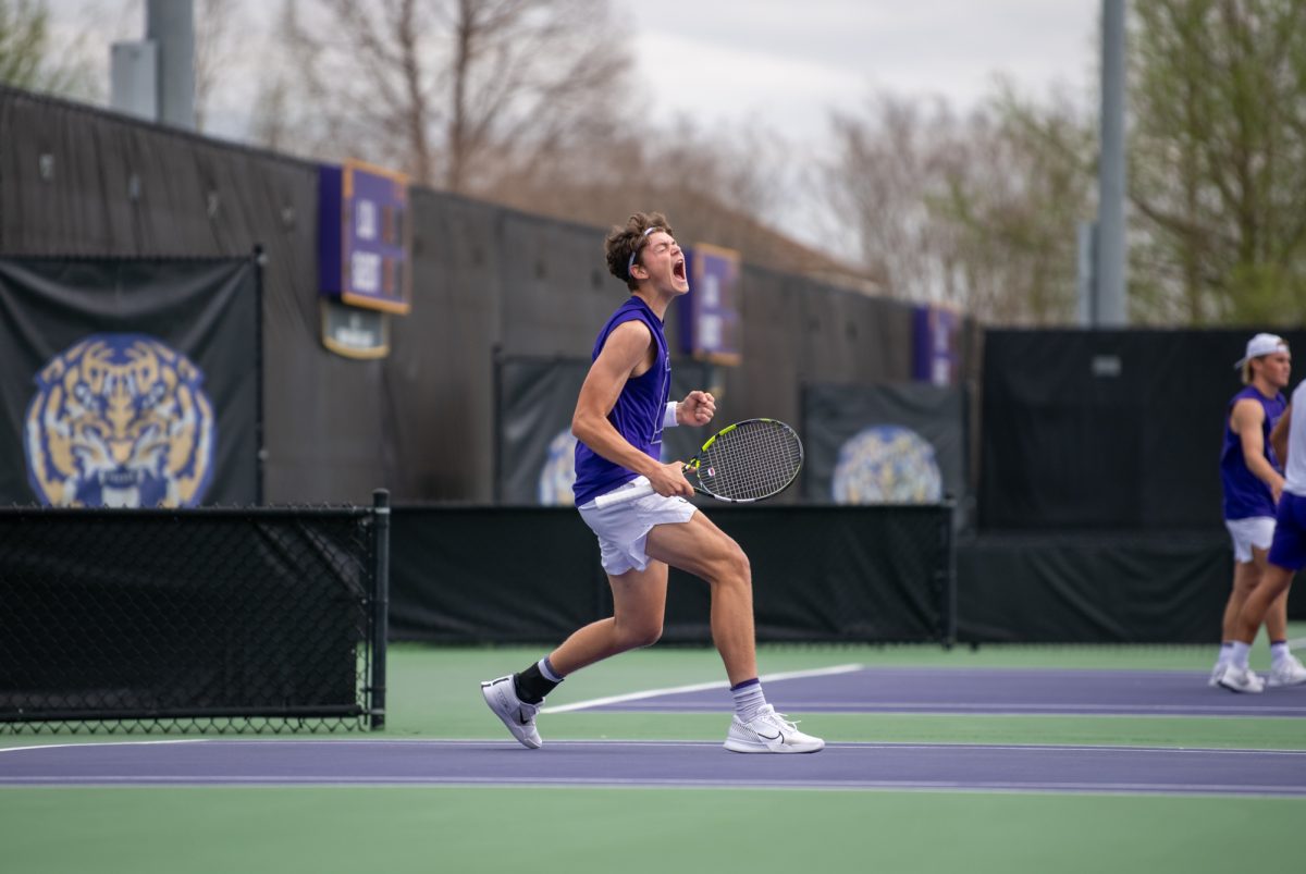 LSU men's tennis freshman Andrej Loncarevic celebrates during LSU's 0-4 loss to Georgia on Sunday, March 9, 2025, at the LSU Tennis Complex on Gourrier Avenue in Baton Rouge, La.