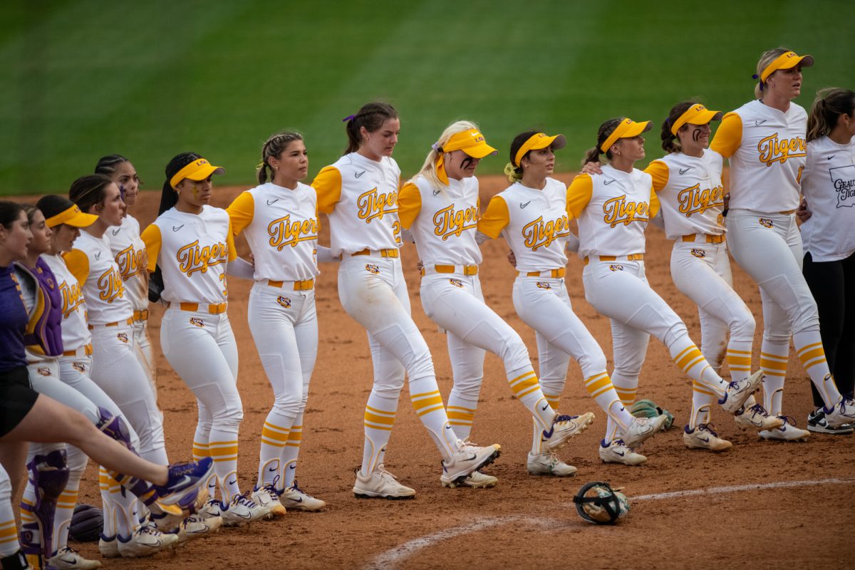 LSU softball players sing the LSU Alma Mater after LSU's 4-1 win over Kentucky on Friday, March 14, 2025, at Tiger Park in Baton Rouge, La.