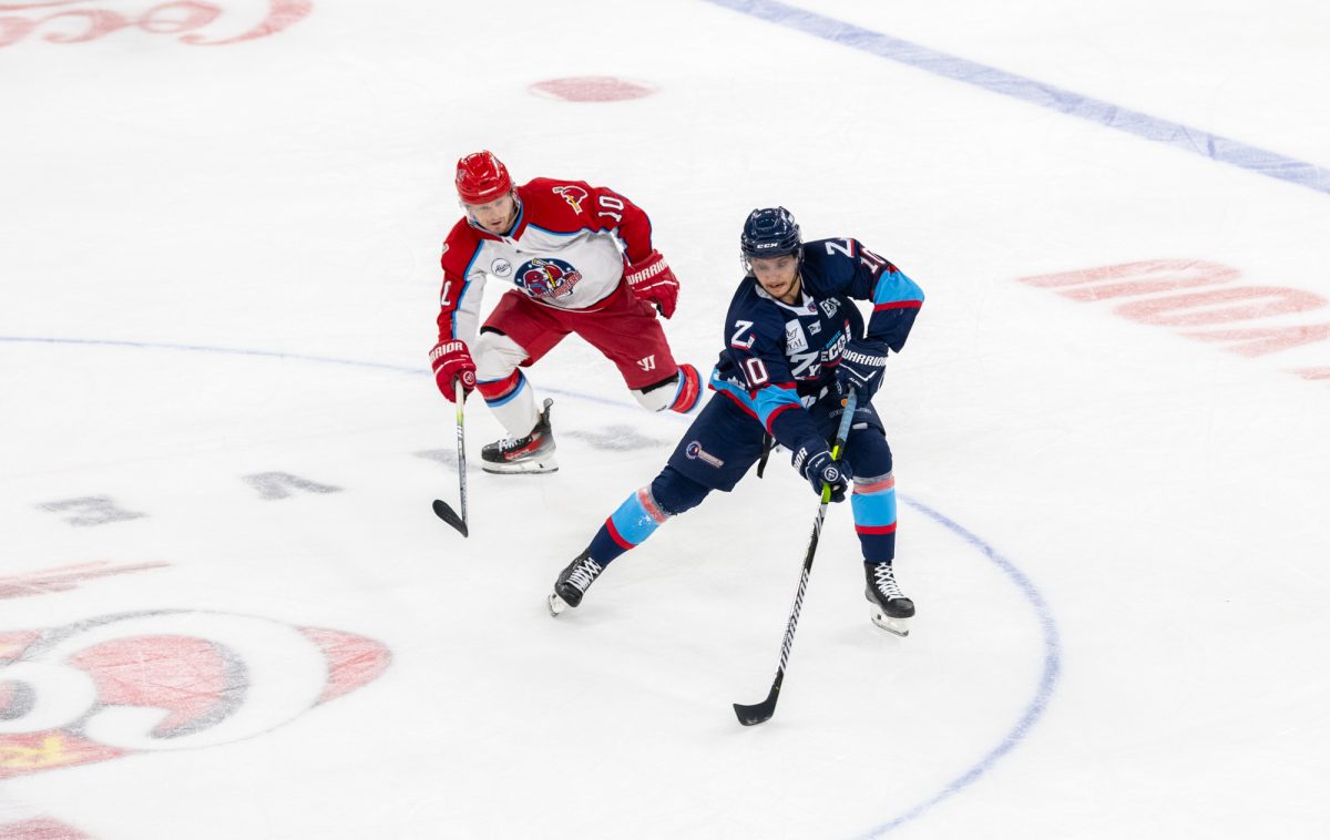 Baton Rouge Zydeco left-winger/center Dmitri Kuznetsov (10) attempts to evade a Rock Lobsters player during Zydeco's 1-3 loss to the Athens Rock Lobsters on Saturday, March 15, 2025, at the Raising Canes River Center on River Road in Baton Rouge, La.