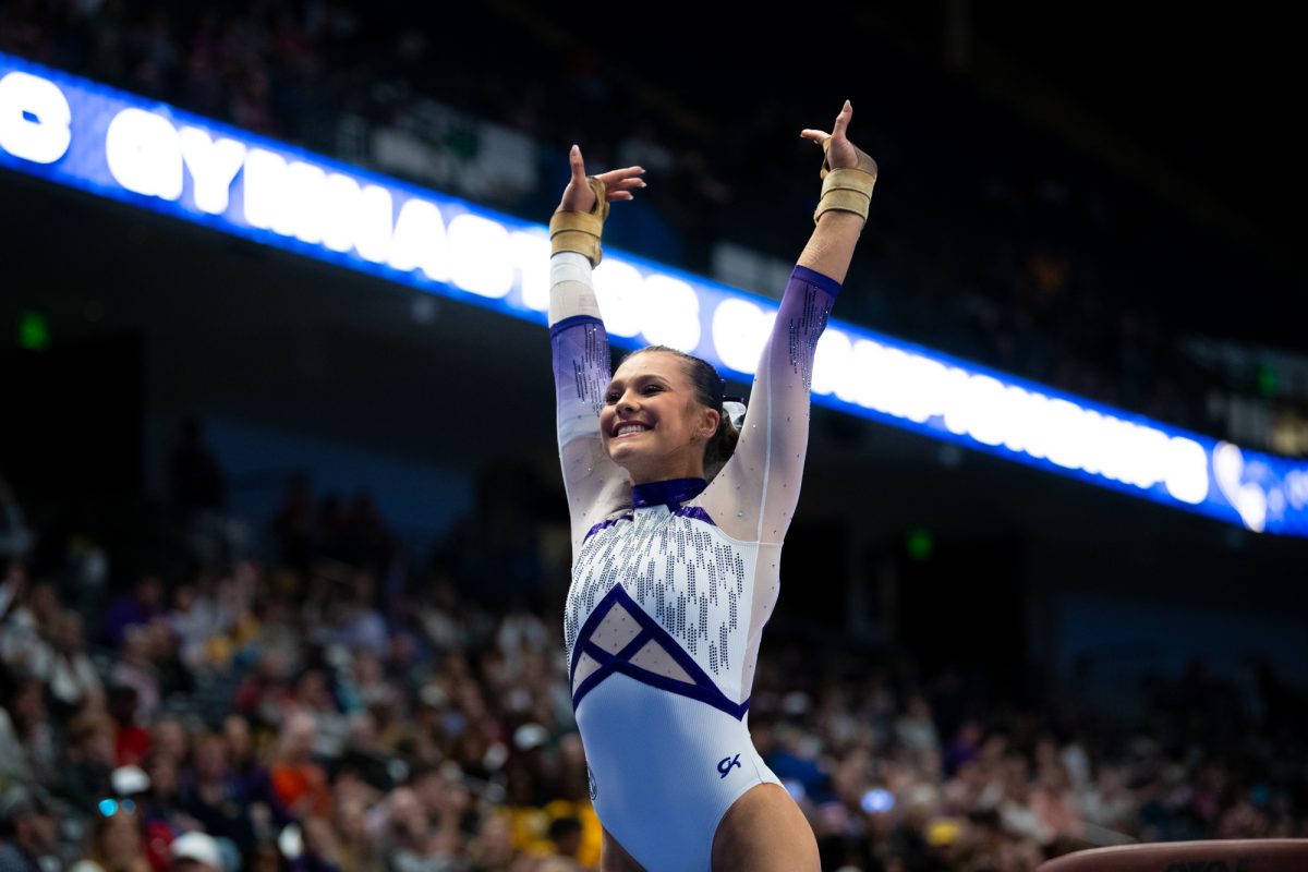 LSU gymnastics all-around freshman Lexi Zeiss lands her vault during LSU's SEC Championship win on Saturday, March 22, 2025, at the Legacy Arena in Birmingham, Al.