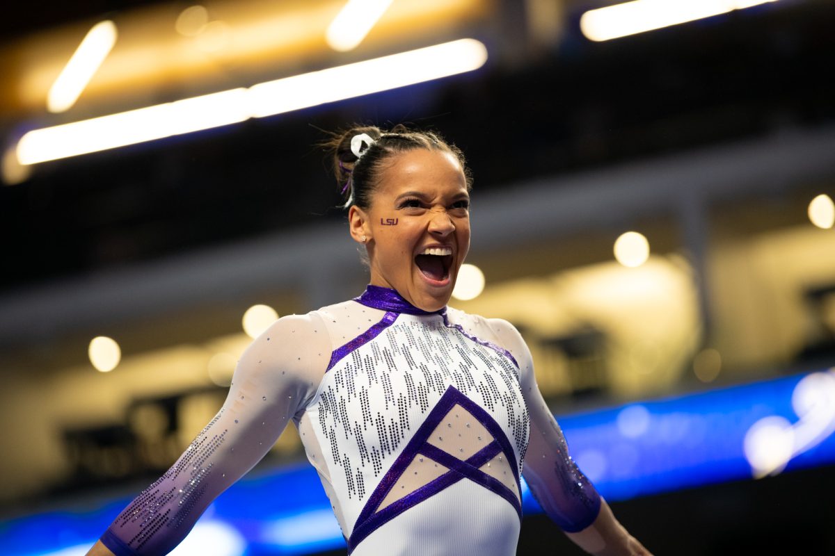 LSU gymnastics all-around graduate student Haleigh Bryant yells while performing on floor during LSU's SEC Championship win on Saturday, March 22, 2025, at the Legacy Arena in Birmingham, Al.