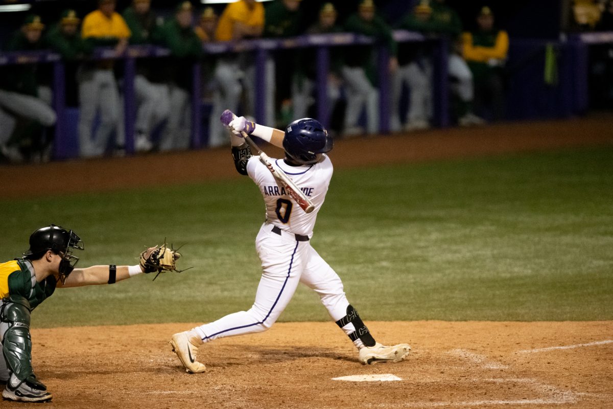 LSU baseball freshman catcher Cade Arrambide (0) pinch hits during LSU's 13-3 mercy-rule win against North Dakota State on Wednesday, March 5, 2025, at Alex Box Stadium on Gourrier Avenue in Baton Rouge, La.