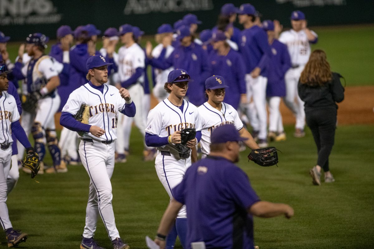 LSU baseball players celebrate after LSU's 13-3 mercy-rule win against North Dakota State on Wednesday, March 5, 2025, at Alex Box Stadium on Gourrier Avenue in Baton Rouge, La.