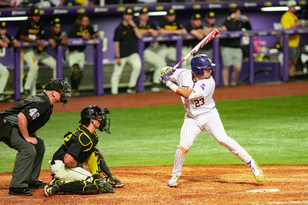 LSU men’s baseball senior utility Luis Hernandez (23) gets ready to hit during LSU’s 7-6 win against Missouri on Saturday, March 15, 2025 at Alex Box Stadium on Gourrier Avenue in Baton Rouge, La.