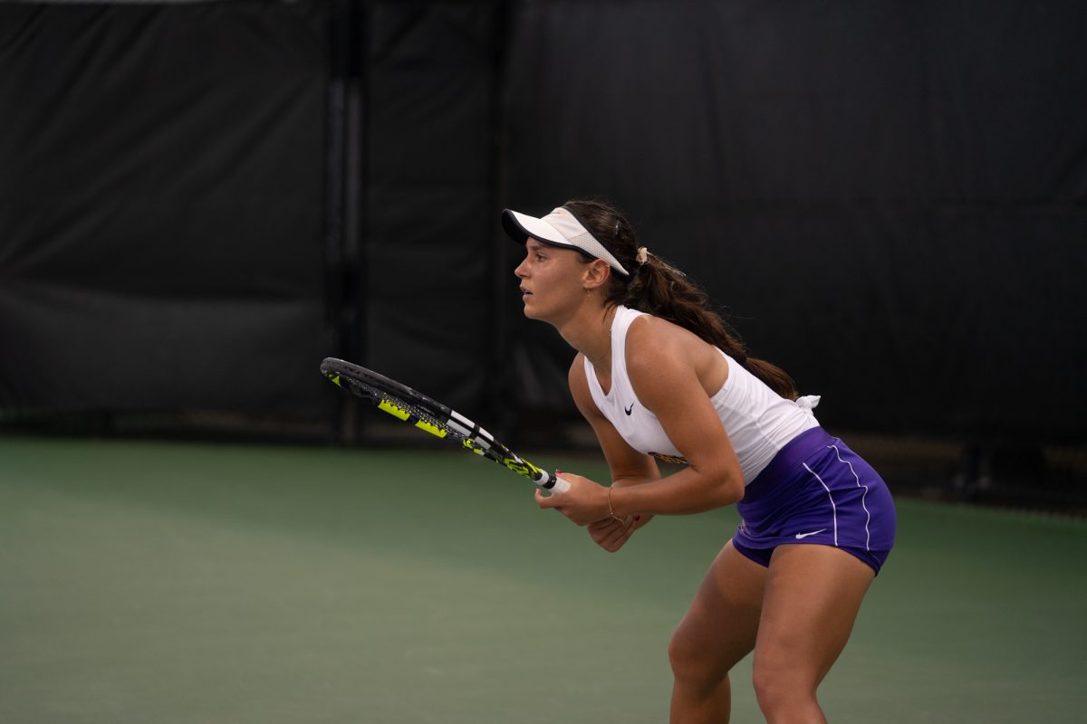 LSU women's tennis freshman Tilwith Di Girolami gets ready before her match during LSU's 4-2 loss against Georgia on Friday, Mar. 14, 2025, at the LSU Tennis Complex on Gourrier Avenue.