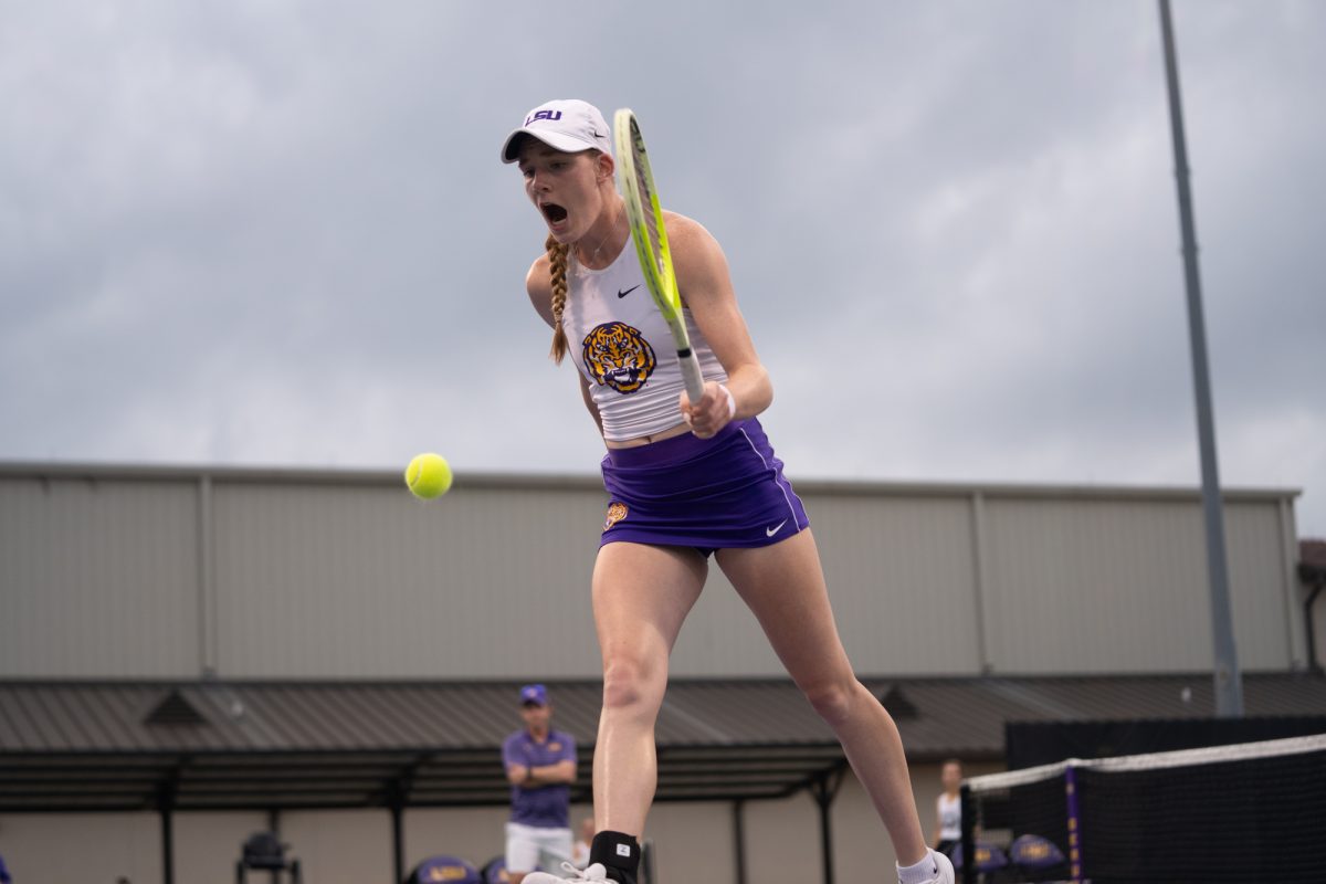 LSU women's tennis freshman Kayla Cross celebrates during LSU's 4-2 loss against Georgia on Friday, Mar. 14, 2025, at the LSU Tennis Complex on Gourrier Avenue.