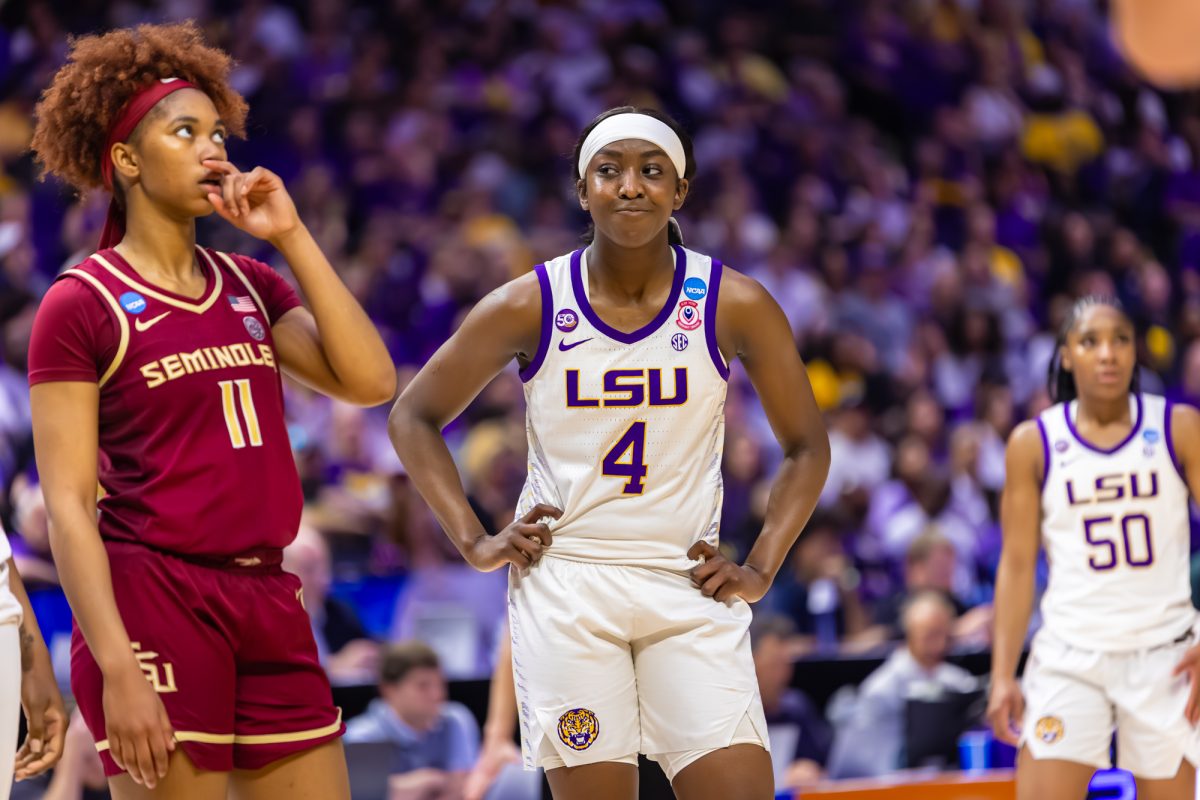 LSU women’s basketball junior guard Flau'Jae Johnson (4) makes a face during LSU's 101-71 March Madness win against Florida State on Monday, March. 24, 2025, in the Pete Maravich Assembly Center in Baton Rouge, La.