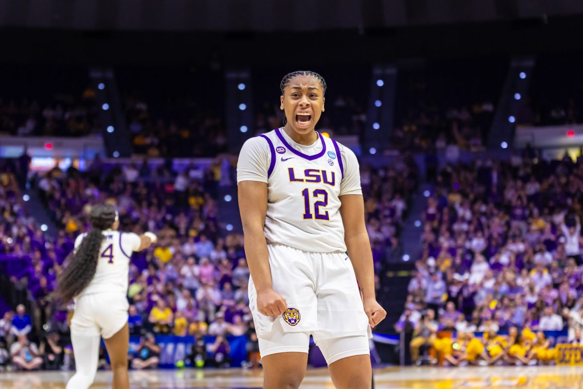 LSU women’s basketball sophomore guard Mikaylah Williams (12) celebrates a block by LSU during LSU's 101-71 March Madness win against Florida State on Monday, March. 24, 2025, in the Pete Maravich Assembly Center in Baton Rouge, La.