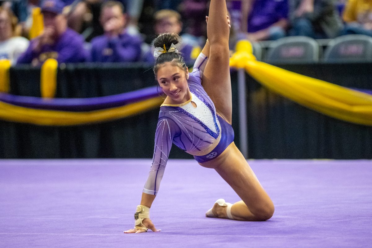 LSU gymnastics all around freshman Kailin Chio posees during floor Friday, March 7, 2025 during LSU's 198.575-197.175 win over Georgia in the Pete Maravich Assembly Center in Baton Rouge, La.