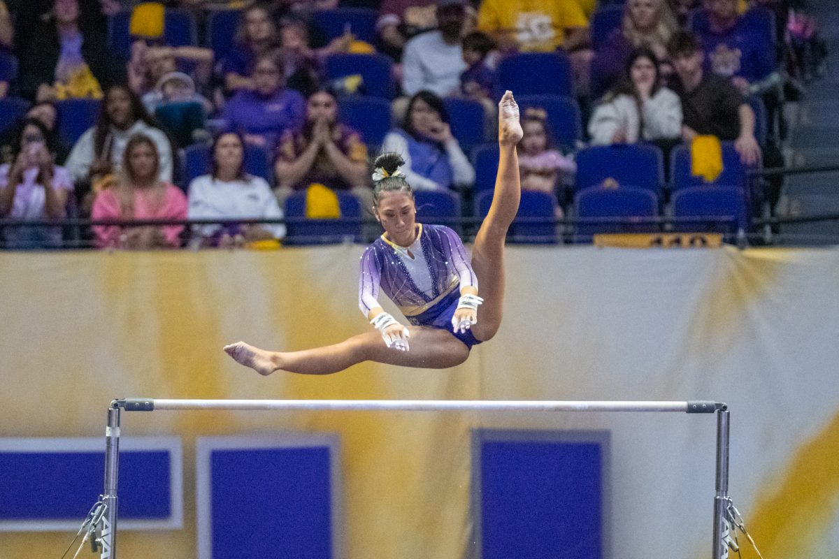 LSU gymnastics all around freshman Kailin Chio excecutes her routine on bars Friday, March 7, 2025 during LSU's 198.575-197.175 win over Georgia in the Pete Maravich Assembly Center in Baton Rouge, La.