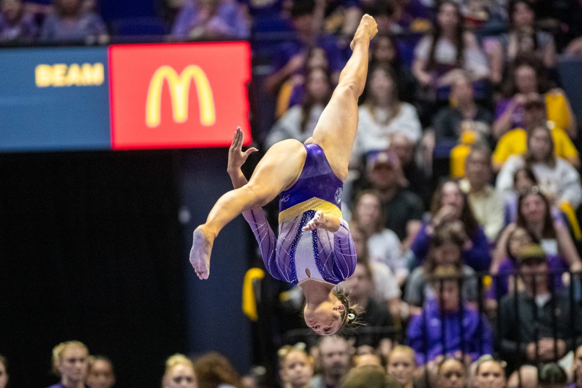 LSU gymnastics all around freshman Kailin Chio flips on the beam Friday, March 7, 2025 during LSU's 198.575-197.175 win over Georgia in the Pete Maravich Assembly Center in Baton Rouge, La.