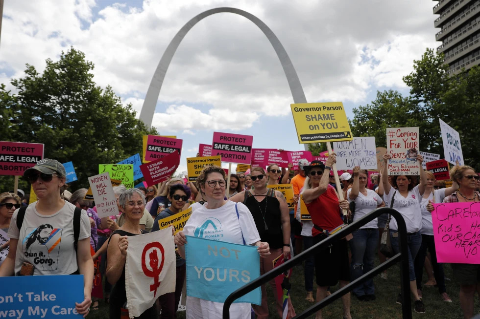 Abortion-rights supporters take part in a protest Thursday, May 30, 2019, in St. Louis, Mo. 