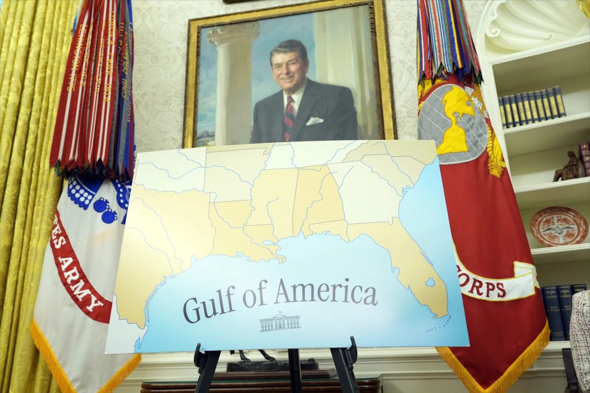 A map featuring the words "Gulf of America" is seen in the Oval Office during an event with President Donald Trump at the White House, Tuesday, Feb. 11, 2025, in Washington.