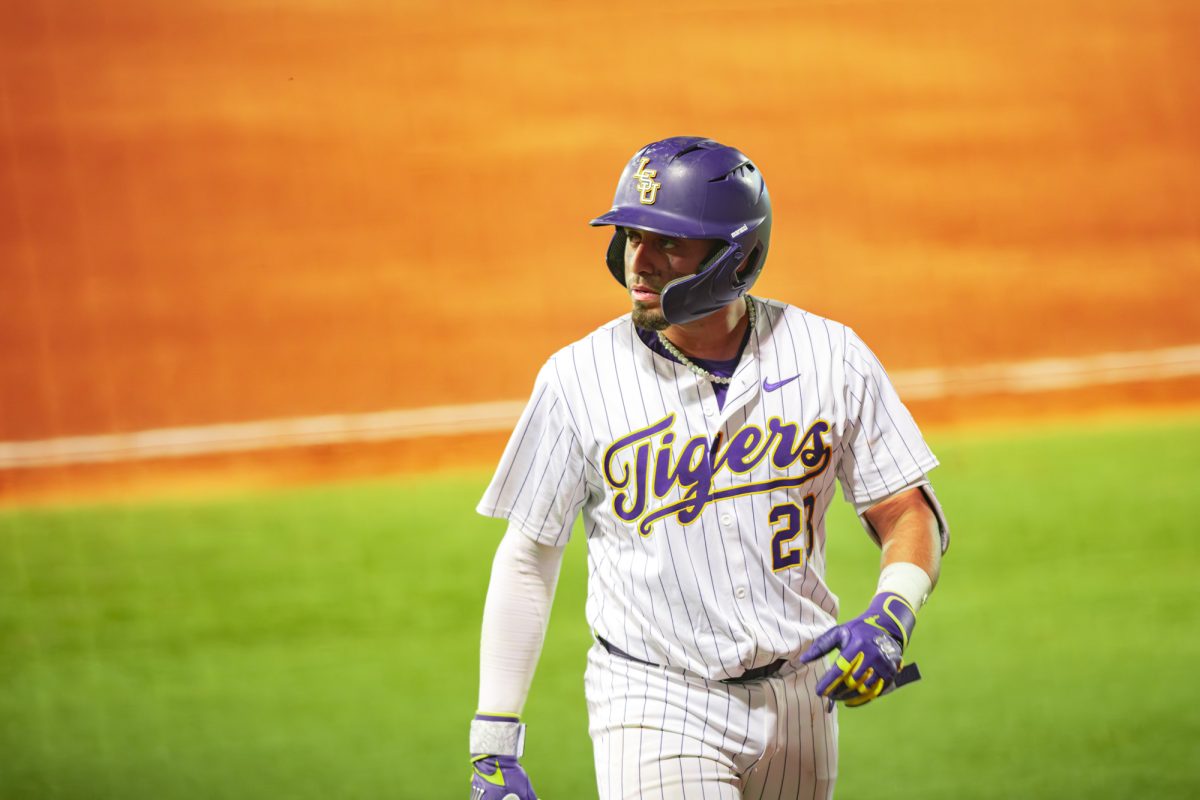 LSU men’s baseball senior utility Luis Hernandez (23) looks towards LSU's dugout during LSU’s 7-6 win against Missouri on Saturday, March 15, 2025 at Alex Box Stadium on Gourrier Avenue in Baton Rouge, La.