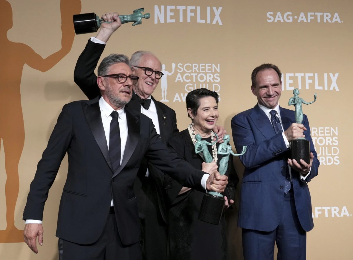 Winners of the award for outstanding performance by a cast in a motion picture for "Conclave," pose in the press room during the 31st annual Screen Actors Guild Awards on Sunday, Feb. 23, 2025.