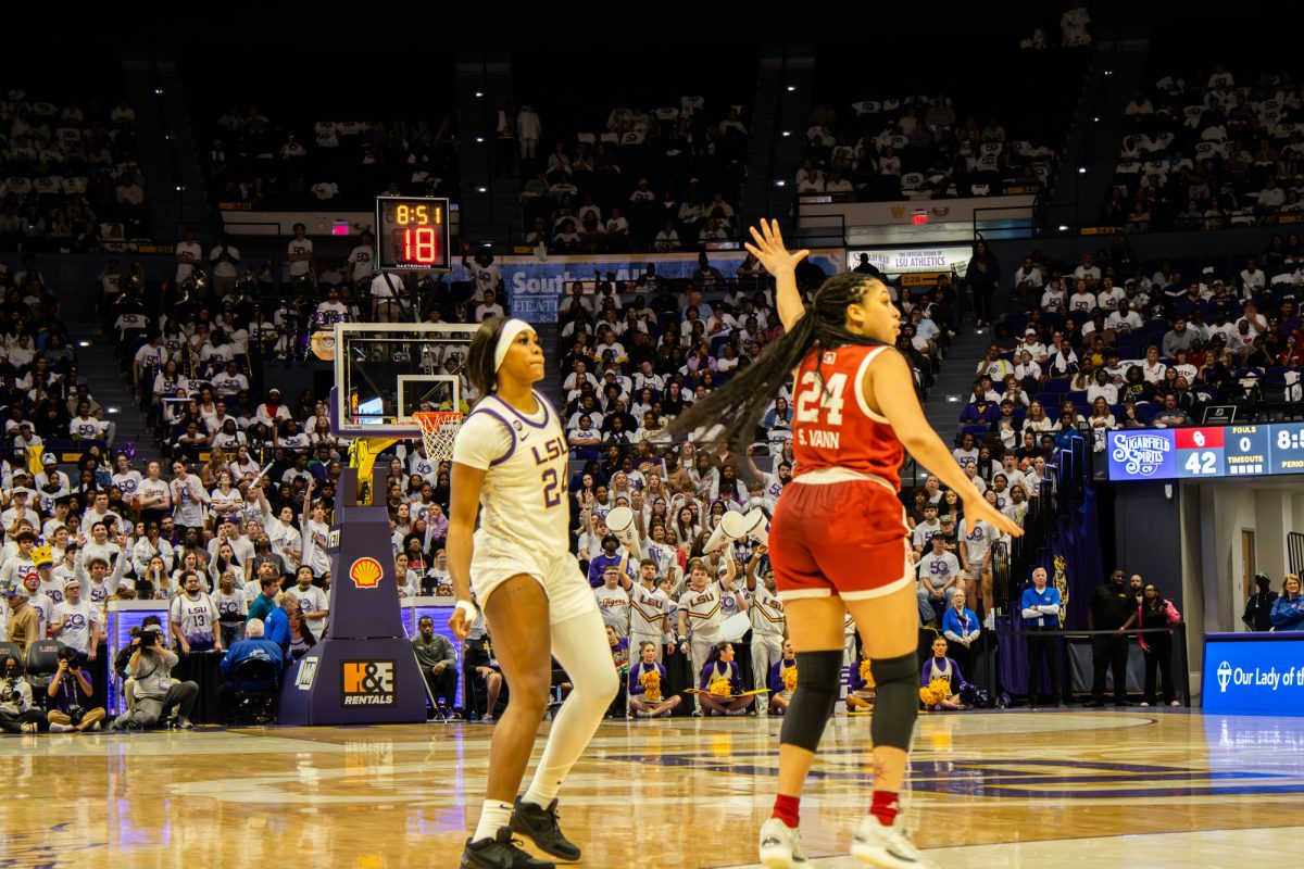 LSU forward Aneesah Morrow (#24, 6’1”) follows through after taking a shot while Oklahoma forward Skylar Vann (#24, 6’0”) contests during the Tigers’ game on Thursday, Jan. 30, 2025, at Pete Maravich Assembly Center in Baton Rouge, La.