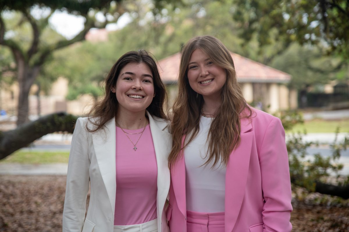 LSU student government president and vice president candidates Kelsey Womack and Emma Miller pose for a photo on Saturday, March 15, 2025, in the Reveille Newsroom in Hodges Hall in Baton Rouge, La.