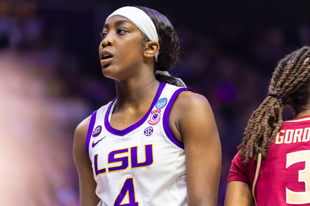 LSU women’s basketball junior guard Flau'Jae Johnson (4) look towards the LSU student section during LSU's 101-71 March Madness win against Florida State on Monday, March. 24, 2025, in the Pete Maravich Assembly Center in Baton Rouge, La.