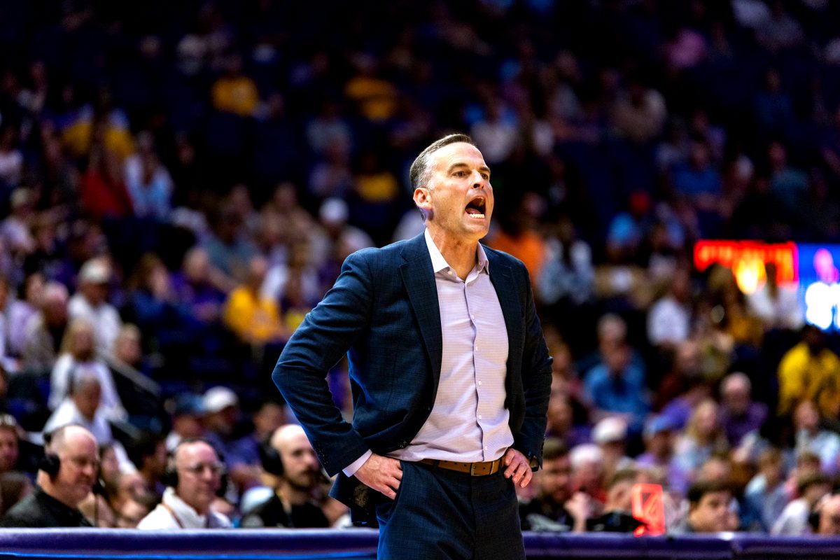 LSU men’s basketball head coach Matt McMahon yells at the referee during LSU's 70-72 loss against Ole Miss on Saturday, Feb. 9, 2025, in the Pete Maravich Assembly Center in Baton Rouge, La.