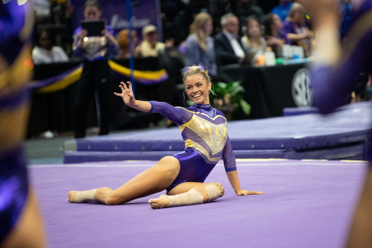 LSU gymnastics graduate student Olivia Dunne finishes her floor routine durinig LSU's 197.550-197.450 win against the Florida Gators on Friday, January 17, 2025 in the Pete Maravich Assembly Center in Baton Rouge, La.