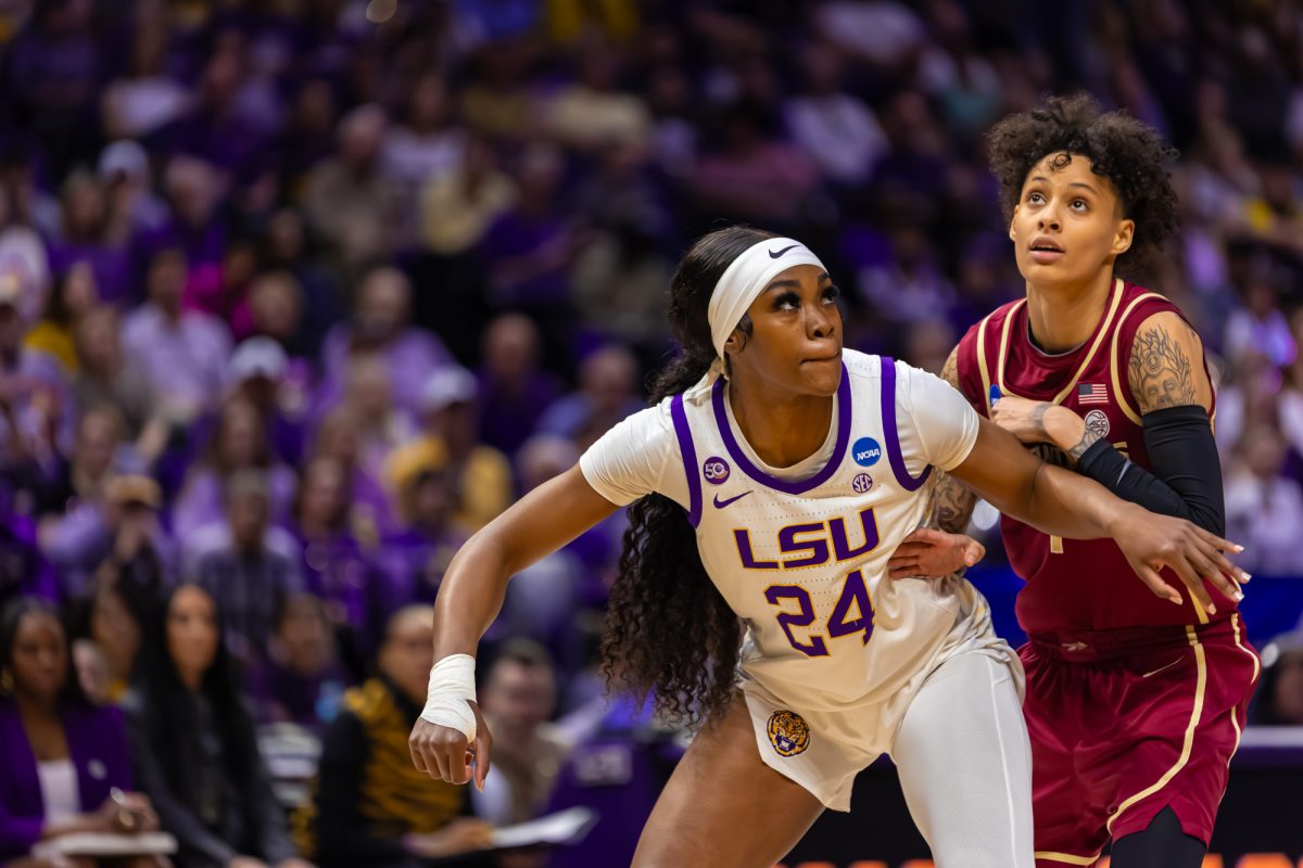 LSU women’s basketball senior forward Aneesah Morrow (24) guards Florida State women's basketball junior guard Brianna Turnage (1) during LSU's 101-71 March Madness win against Florida State on Monday, March. 24, 2025, in the Pete Maravich Assembly Center in Baton Rouge, La.