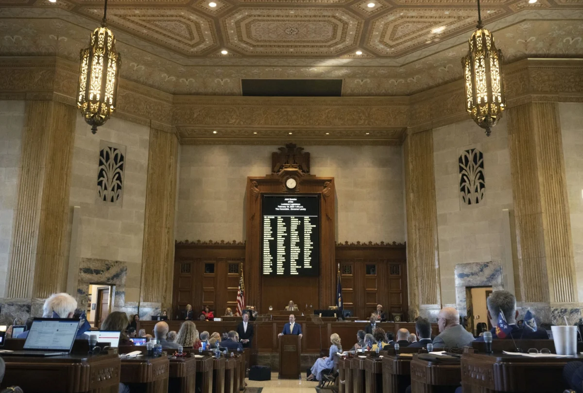 Louisiana Gov. Jeff Landry addresses members of the House and Senate on opening day of a legislative session, Monday, Feb. 19, 2024.