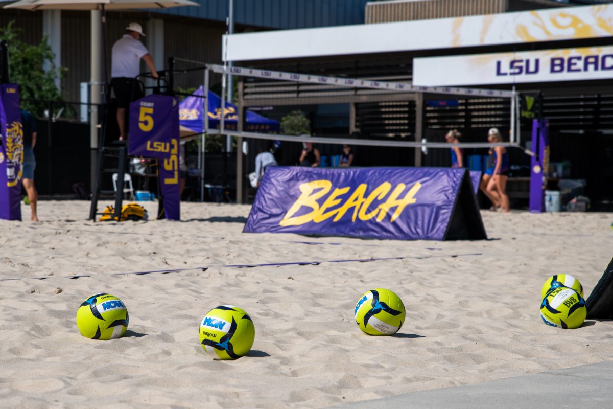 Volleyballs sit Friday, April 11, 2025, at the LSU Beacy Volleyball Stadium in Baton Rouge, La.